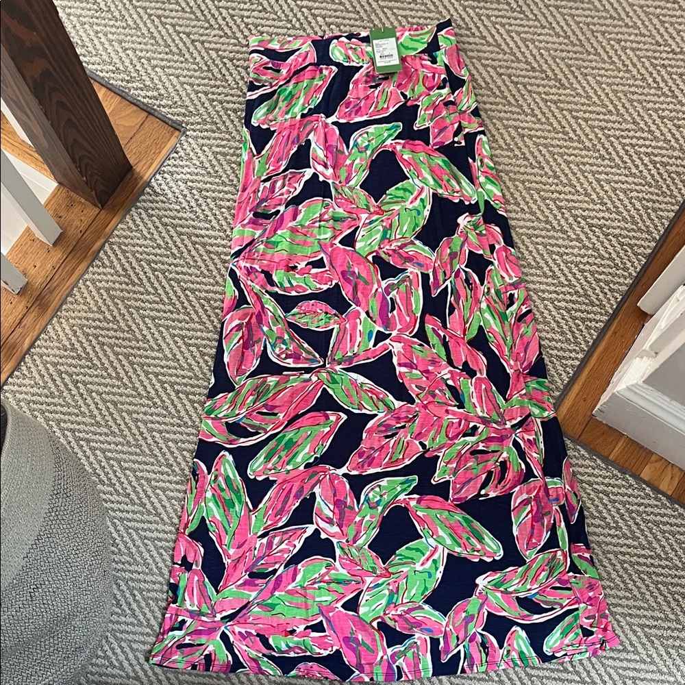Lilly Pulitzer Navy Maxi Skirt with Pink and Green Leaf Print